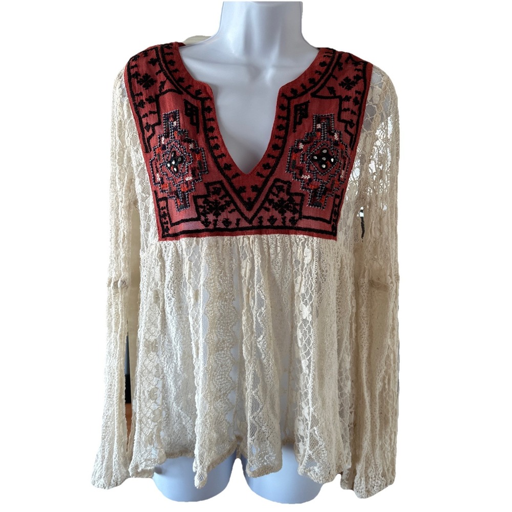 Free People Casablanca Embroidered Lace Small Top IvoryBoho Peasant Hippie Sheer